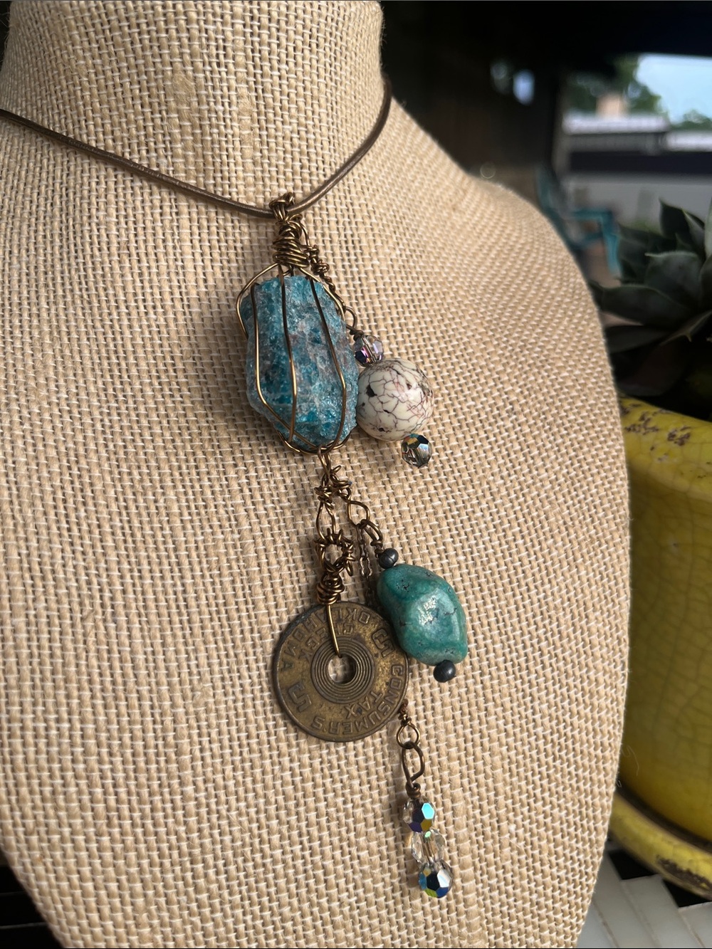 Artisan Turquoise Stone Pendant Leather Necklace in Teal with Bronze Accents